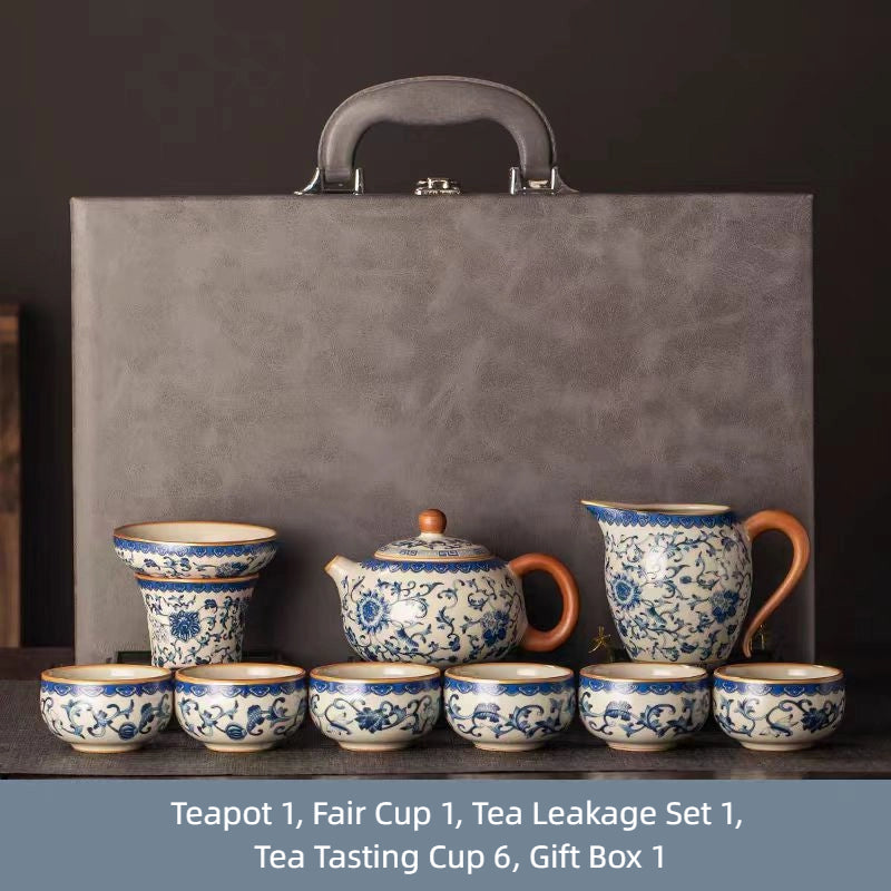 Blue and white rice yellow Ru kiln Kung Fu tea set household ceramic teapot