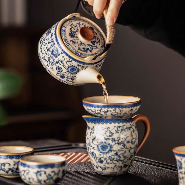 Blue and white rice yellow Ru kiln Kung Fu tea set household ceramic teapot