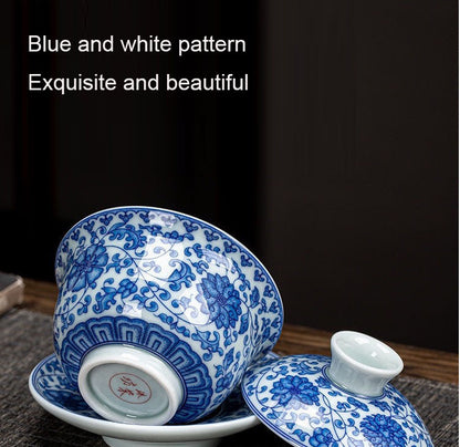 Ceramic set, three talents, covered bowl, old clay, retro kung fu tea set, tea bowl, underglaze tiger cup, Jingdezhen